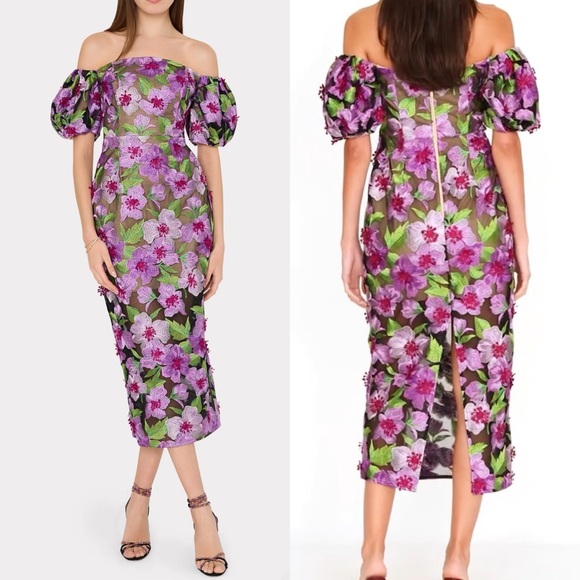 Milly Nira Off-Shoulder 3D Floral Appliqué Embroidered Midi Dress NWT Medium - Picture 5 of 17